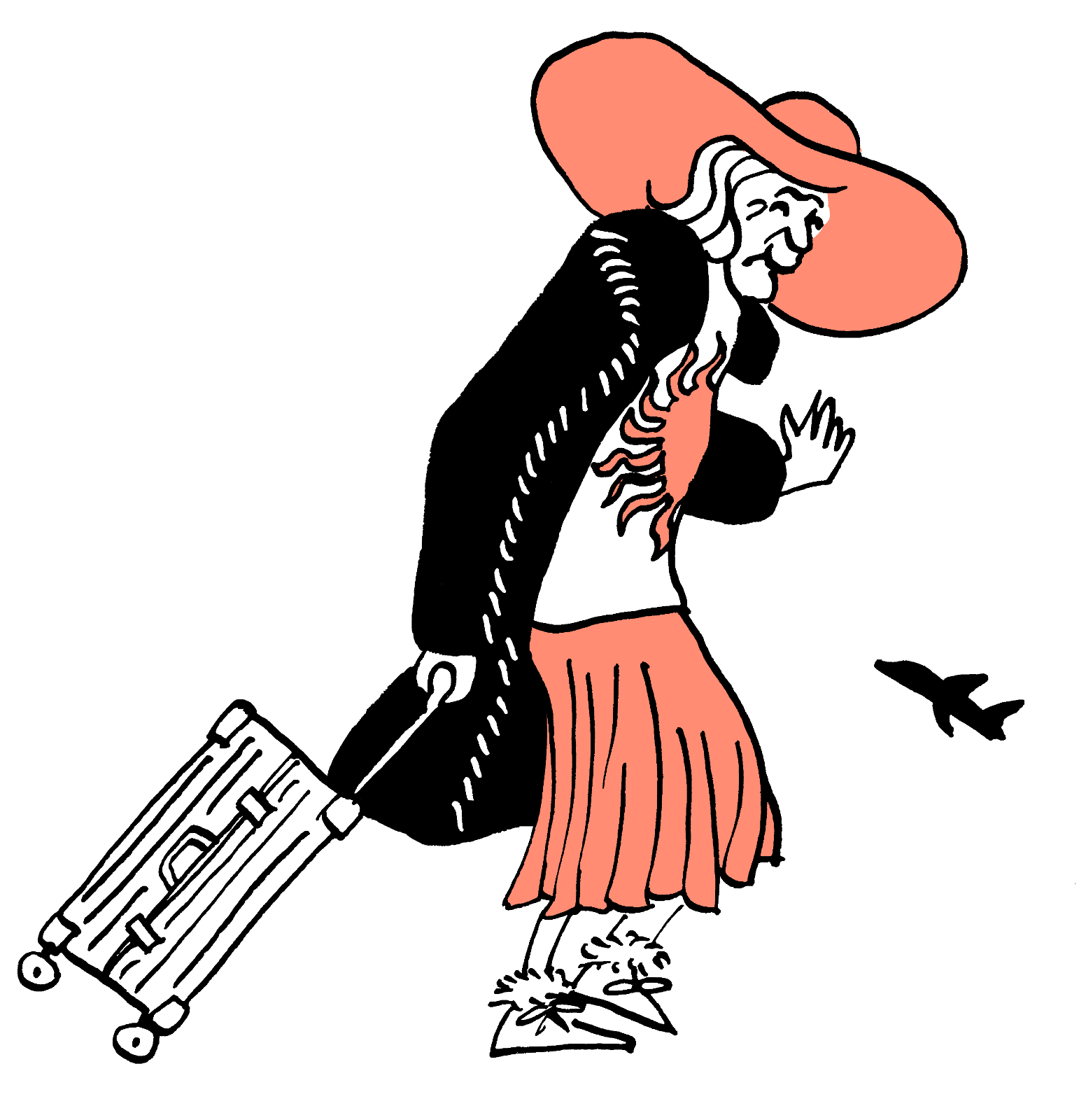 Illustration of an elderly woman in summer clothes and a fur coat dragging a suitcase